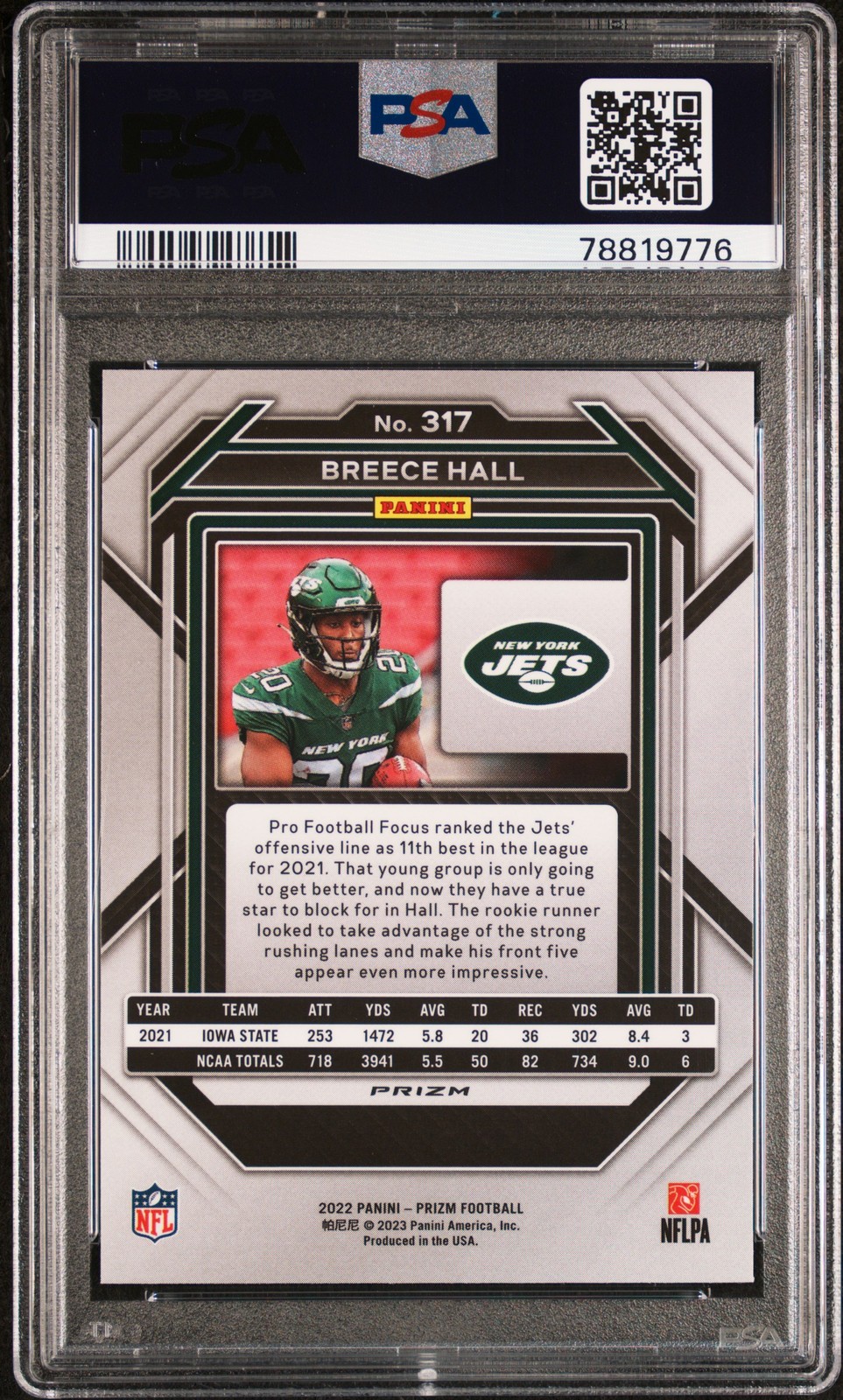 2022 Panini Prizm #317 Breece Hall Red White and Blue PSA 10 view 2