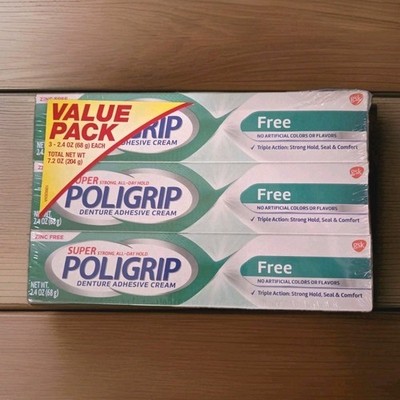 Set of 3 Poligrip Additive and Zinc Free Denture and Partials Adhesive Cream