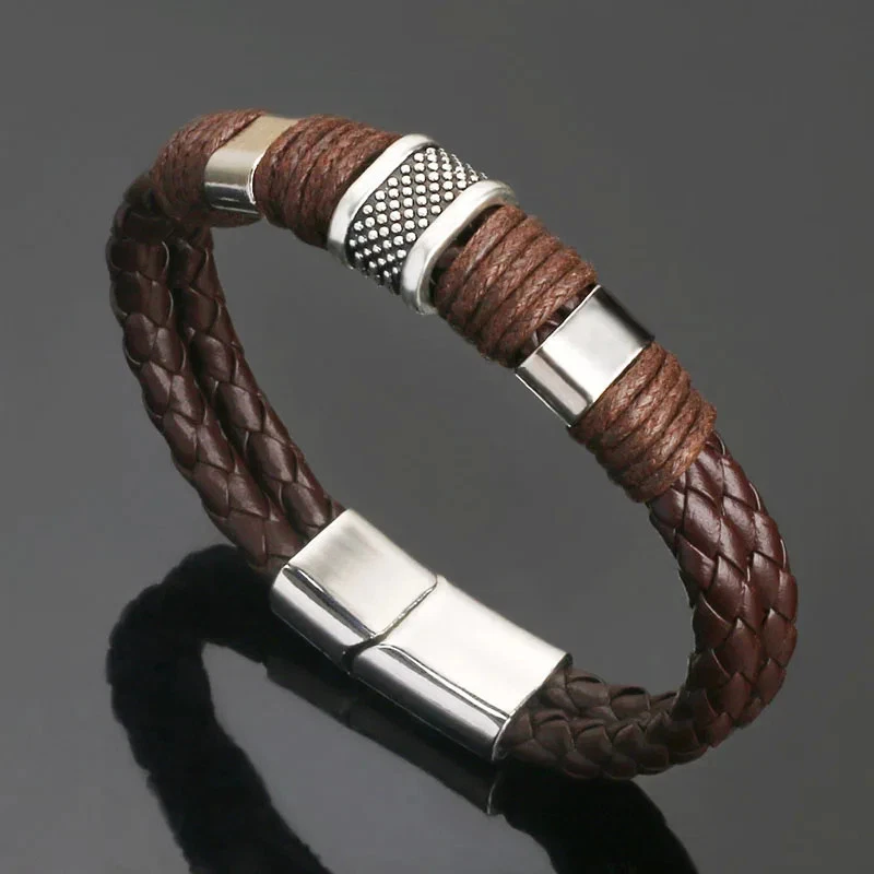 Pulsera envolvente de cuero para hombre hecha a mano tejida broche magnético suave joyería en capas Foto 3 de 4