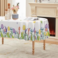 Spring Tablecloth 60 84 Inch Oval, Wild Flowers Tulip Lavender Blooming Flora...