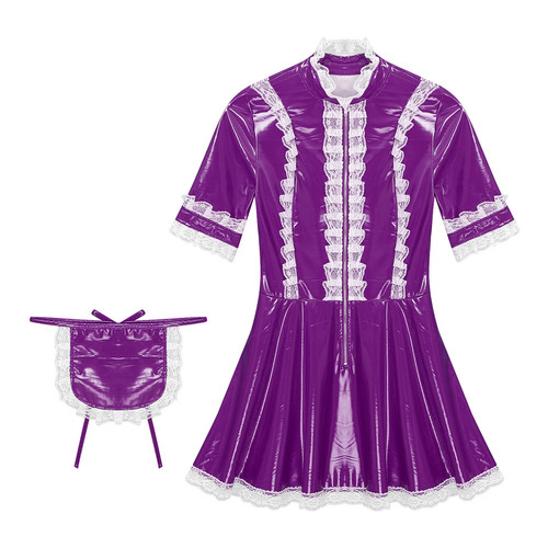 Women’s French Maid Faux Latex Dress with Apron Lace‑Trim Short Sleeve ...
