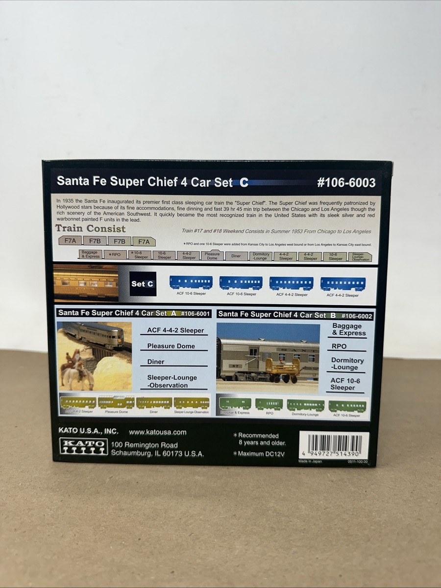 KATO 2020 N Scale Santa FE Super Chief Sleeper 4 Car Set C