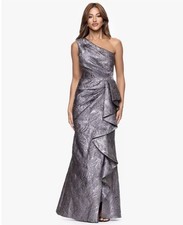 Xscape Gunmetal Metallic Ruffle One-Shoulder Jacquard Mermaid Gown Size 6