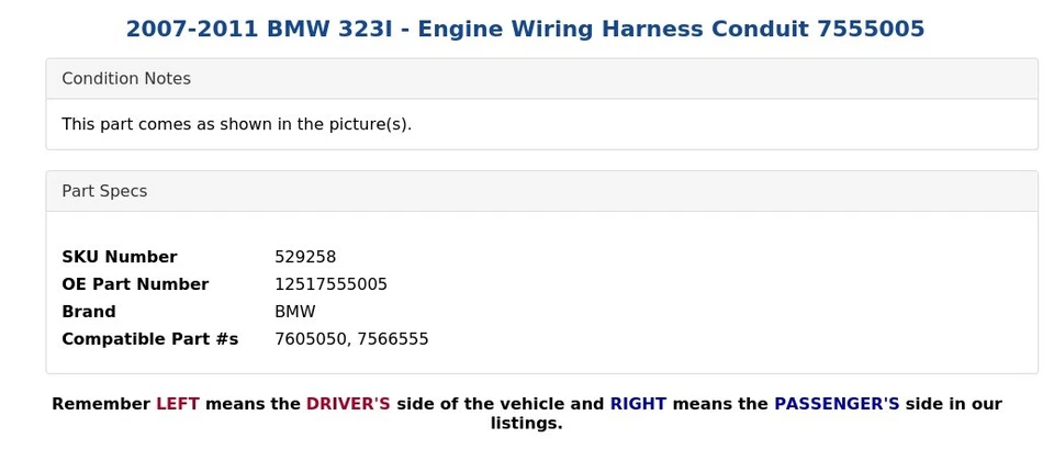 BMW 323I 2007-2011 - Arnés de cableado del motor Conducto 7555005 Foto 4 de 4