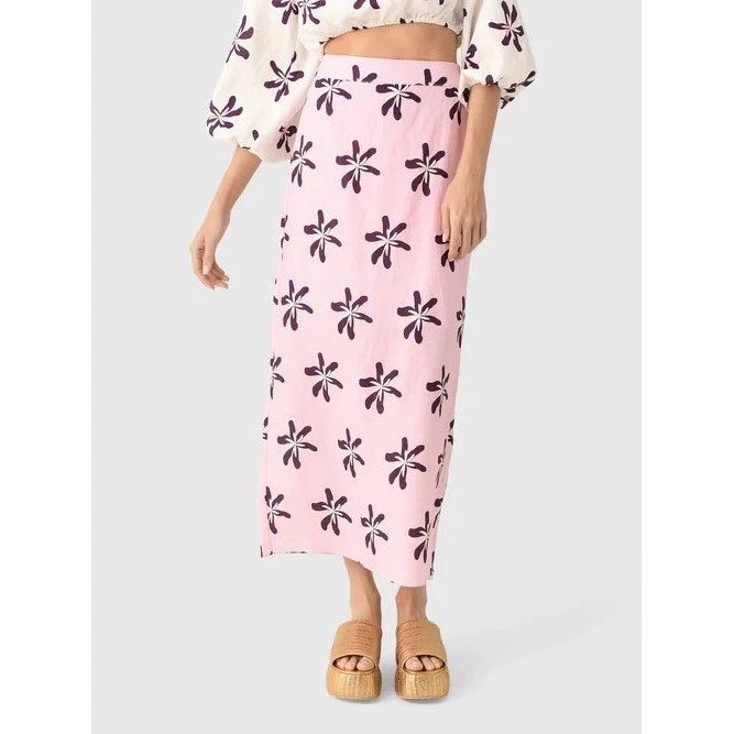 Cala De La Cruz Magda Floral Linen Maxi Skirt Size Large Coastal Tropical Beach