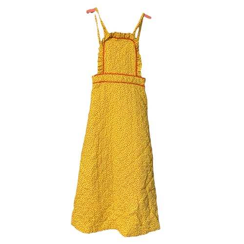 Vtg 60s 70s Quilted Maxi Dress Bib Girls Size 7 Yellow Calico Prairie Doodle Bug - Picture 1 of 9