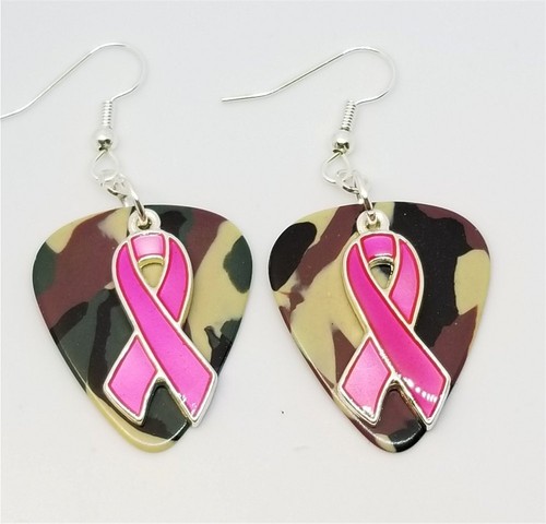 Fuchsia Ribbon Charm Guitar Pick Earrings with Surgical Steel Earwires - Picture 3 of 11