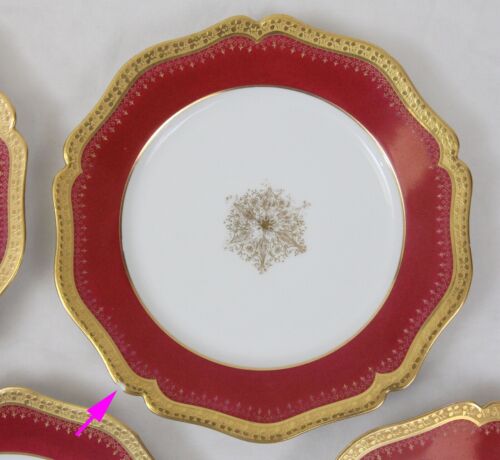 "5 platos de almuerzo de ensalada antiguos astillados Wm Guerin LIMOGES 8,25"" copo de nieve dorado rojo" - Imagen 5 de 12