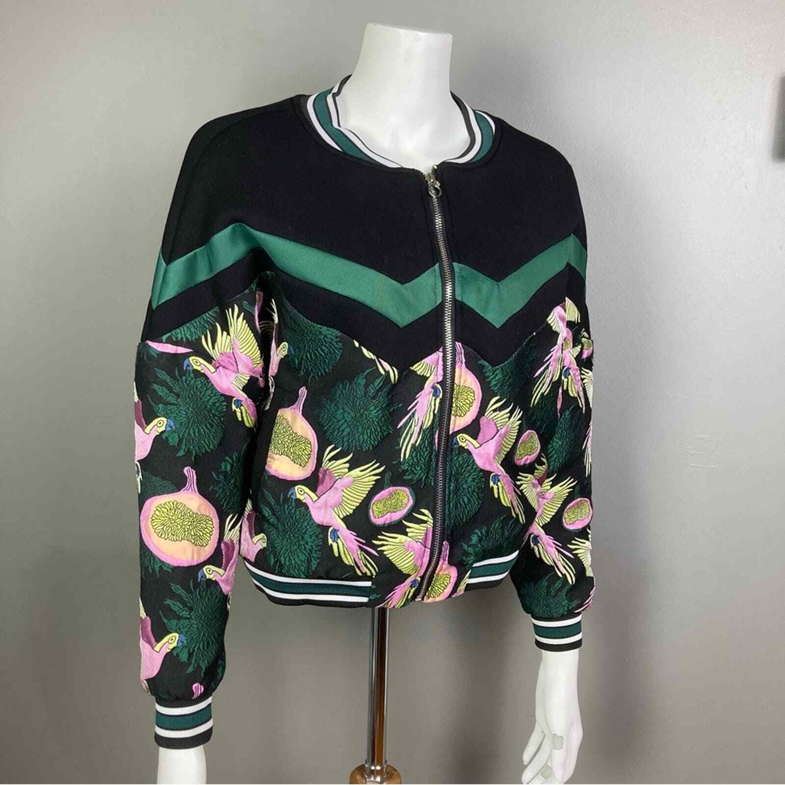 Asian-inspired black satin puffer bomber jacket with pink bird design - medium-image