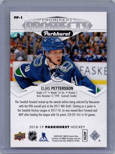 2018-19 Parkhurst #PP-1 Elias Pettersson Prominent Prospects - Picture 2 of 2