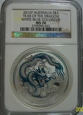 2012 COLORIZED SILVER DRAGON WHITE BLUE NGC MS 70 