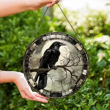Raven Stained Glass Suncatcher, Gothic Crow Window Hanging, Housewarming Gift