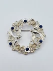 Vintage Jewelry Brooch Pin Silver Blue Wreath Rhinestone Birds Estate Costume