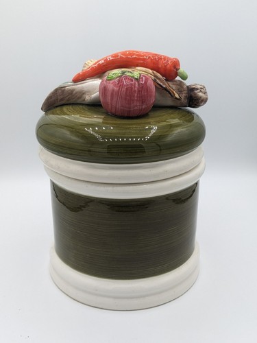 Bote de cosecha de jardín con tapa verde pintado a mano cebolla pimienta vintage 9" - Imagen 5 de 10