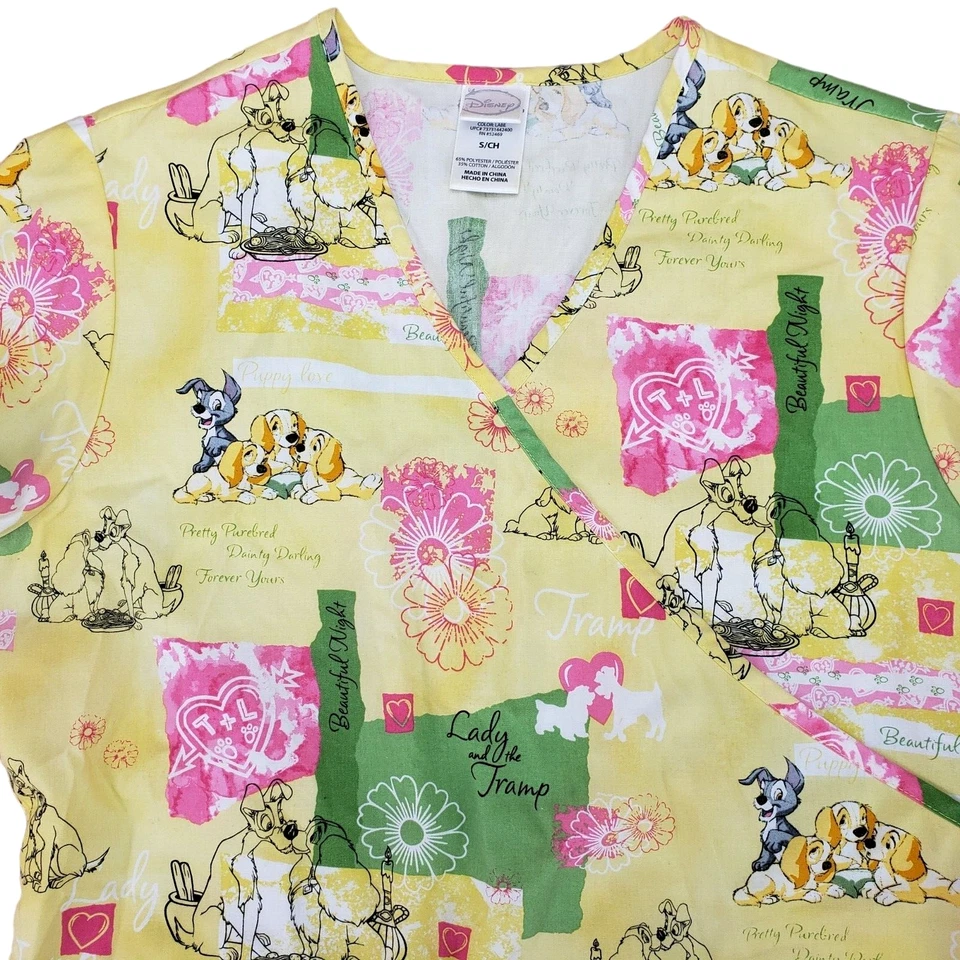Disney Lady And The Tramp Women's Scrub Top Size S Yellow Poly Cotton Blend - Image 4 of 4