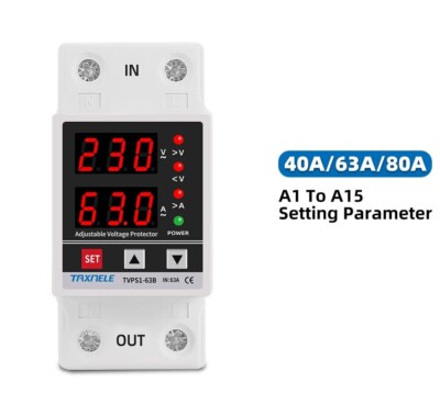 230V Din Rail Voltage Surge Protector Dual Display Over Under Adjustable 40A 63A