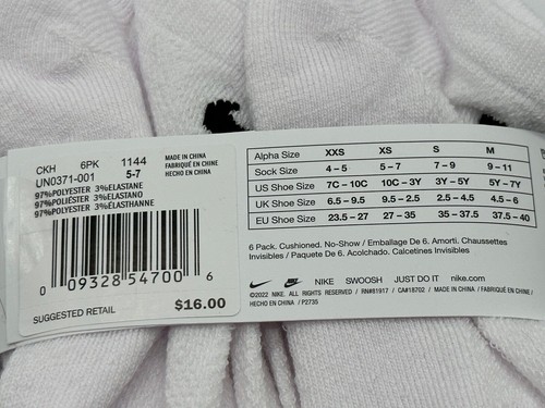 NEW 6 PAIR PACK NIKE KIDS SOCKS ANKLE / NO SHOW LIGHT WEIGHT MSRP $16.00 WHITE - Picture 8 of 8