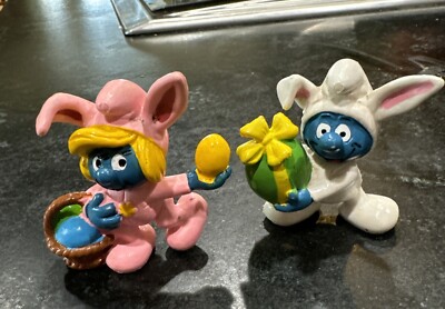 Easter Smurfs Bunny Smurf & Smurfette Figure w/Egg VINTAGE 1980s Set