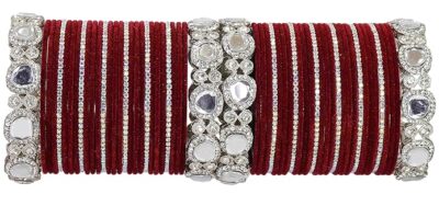 Stylish White Zircon Stone & Mirror Work Silver Plated Metal Velvet Maroon