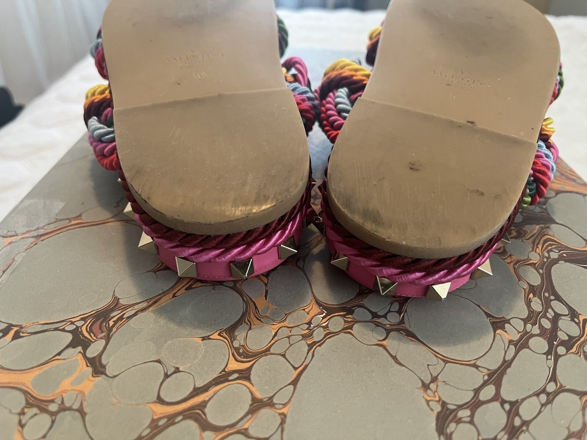 VALENTINO レースエスパドリーユ Valentino Pink Rainbow Braided Rope Espadrille Rockstud