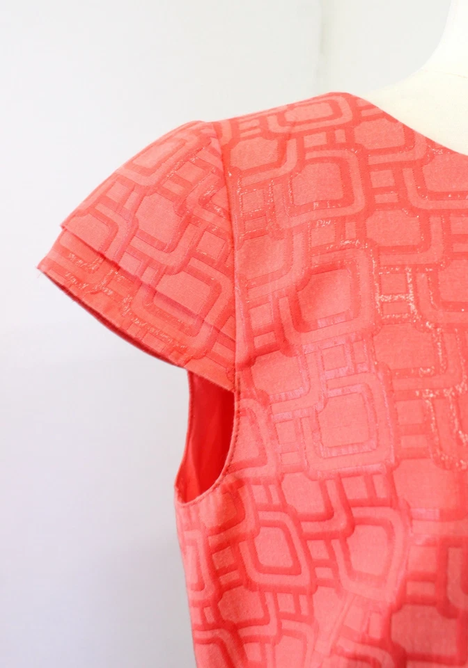 Vestido Tahari ASL Levine Naranja Coral Brillo Geométrico Manga Gorra Talla 8 Foto 3 de 4