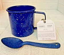 Fiddle+Fern Enamel Mug,24oz Coffee Cup Blue/White Speckled  NWT Bonus Spoon!