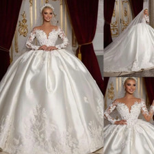 Luxury Wedding Dress Satin Appliques Sheer Neck Long Sleeves Bridal Gowns