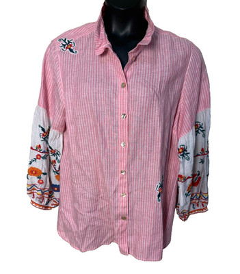 John Mark Linen Blend Sx 1X Pink Striped Embroidered Art to Wear Blouse Mixed