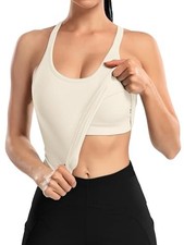 ATTRACO WOMEN RIBBED WORKOUT CROP TOPS WITH BUILT IN BRA YOGA RACERBACK - BEIGE
