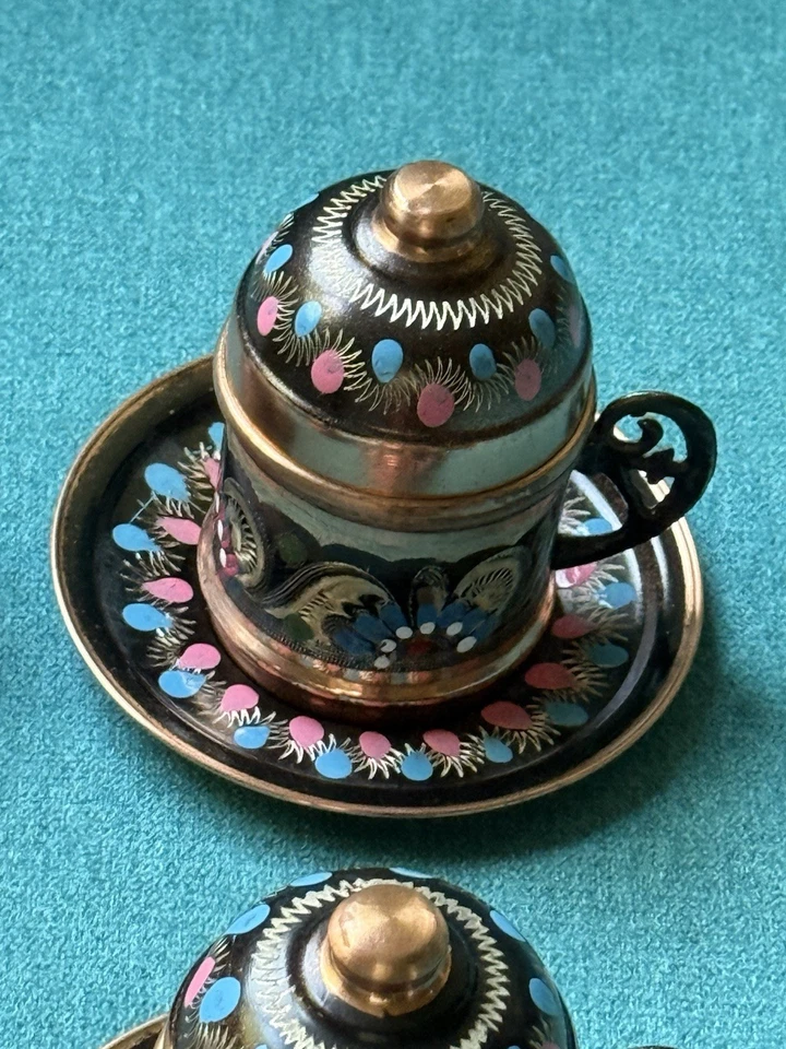 Copper Turkish Coffee Cups Set Of 4 Tea Expresso Cafe Dish Table Artisan - Image 4 of 4