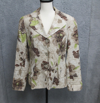 Coldwater Creek Linen Blend Blazer Jacket Womens 8 Beige Floral Botanical Coast