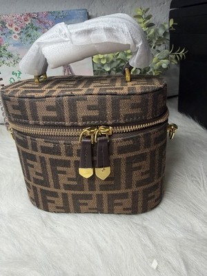 Fendi Zucca FF Logo Small Top Handle Bag Brown Gold Hardware Zip Strap