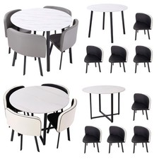 5-Piece Space Saver Dining Table Set, 100cm Round Table & 4 Faux Leather Chairs
