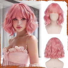 Short Wavy Pink Wig - 12 Inch Bob Wig with Bangs for Women Curly Shoulder Length