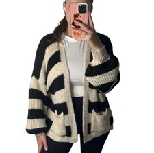 Women Balloon Sleeve Striped Chunky Knitted Long Sleeve Cardigan
