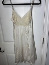 Vintage 70s 80s Ivory Satin Lace Full Length Nightgown Slip Dress Bias Cut