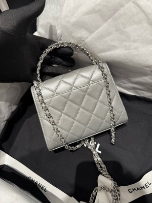 New Chanel Kelly Silver Lambskin Chain Top Handle Bag For Women | eBay