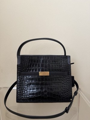 Tory Burch Lee Radziwill Small Croc Embossed Leather Double Bag Crocodile Black