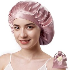 Kaome 100 Mulberry Silk Bonnet for Sleeping Women, Large Double Layer Pink