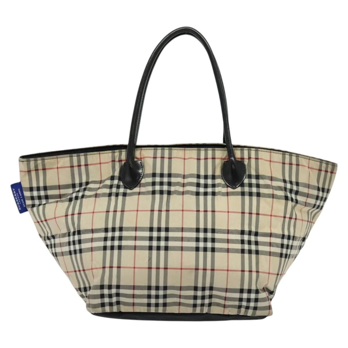 BURBERRY Nova Check Blue Label Tote Bag Nylon Beige Silver Auth