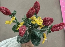Vintage French Seed Bead Flowers Handmade 6 Stems Red Rosebuds Yellow Flowers   