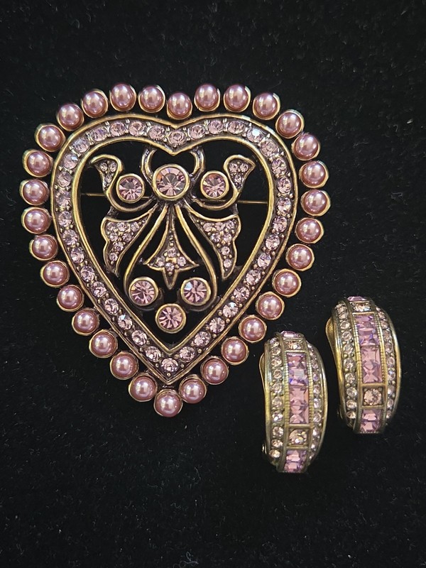 New Heidi Daus Set 2 Amethyst Crystal & Pearl Pin Brooch & Clip On Earrings