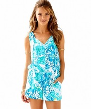 Lilly Pulitzer Tybee In Pinch Print Blue Sleeveless Tassel Tie Short Romper XXS
