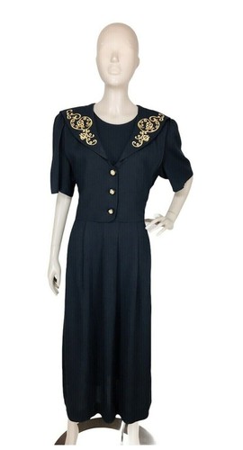 Vintage 80s Black Textured Gold Embroidered Collar Puff Half Sleeve Maxi Dress - Picture 8 of 11