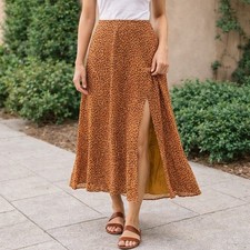Anthropologie Maeve Rust Brown Dots Midi Skirt Side Slit SIZE 4