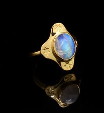 925 Solid Sterling Silver 24CT Gold Overlay Natural White Rainbow Moonstone Ring