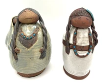2 Vintage Val Knight Studio Pottery Native American Women Figurine Signed VKS 00