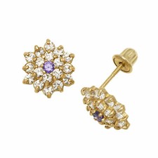 Amethyst Birthstone CZ Baby Girl Screw Back Flower Stud Earrings 14K Yellow Gold