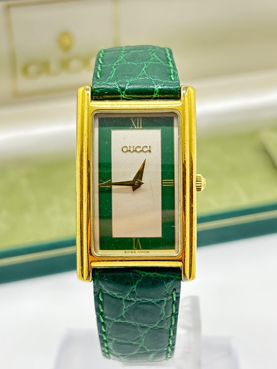 Near Mint w/Box] GUCCI 2600M Gold Plated Green Dial Quartz Men's