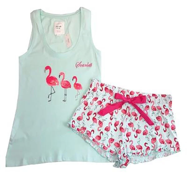 LADIES PERSONALISED EMBROIDERED FLAMINGO SHORTIE PYJAMAS SIZES 6 18